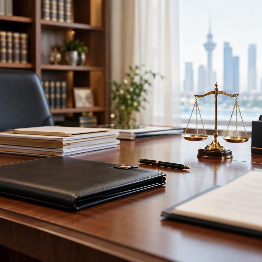 مكتب محاماة أنيق عليه ملفات مرتبة وقلم وميزان عدالة نحاسي بإضاءة نهارية هادئة