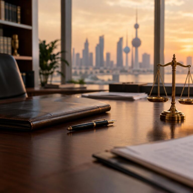 مكتب محاماة كويتي أنيق بجوار نافذة كبيرة عليه ملف مغلق وقلم وميزان عدالة نحاسي صغير وأوراق غير مقروءة
