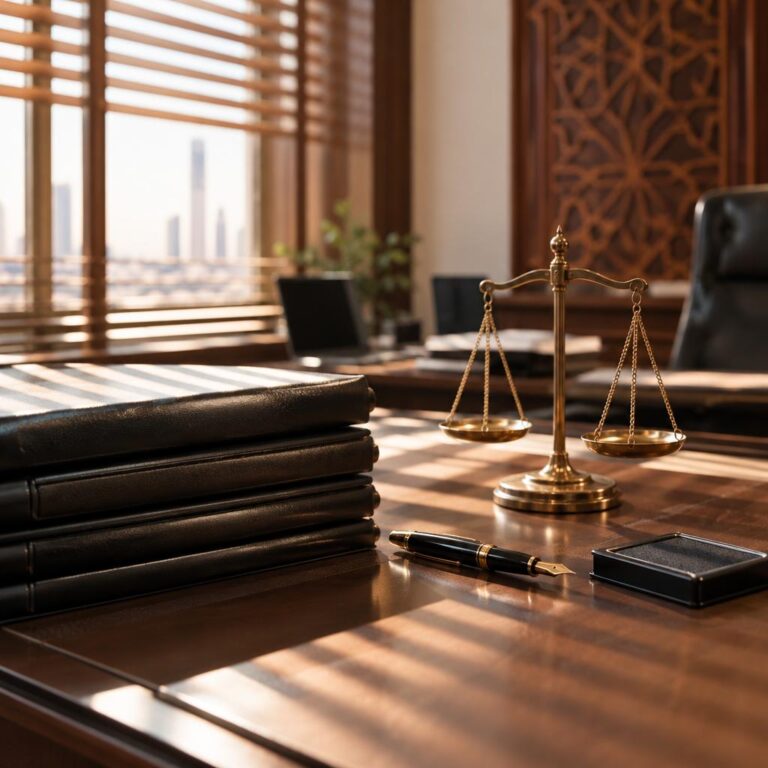 مكتب محاماة كويتي أنيق عليه مجلدات مغلقة وميزان عدالة نحاسي وقلم حبر تحت ضوء صباحي يتسلل من ستائر خشبية