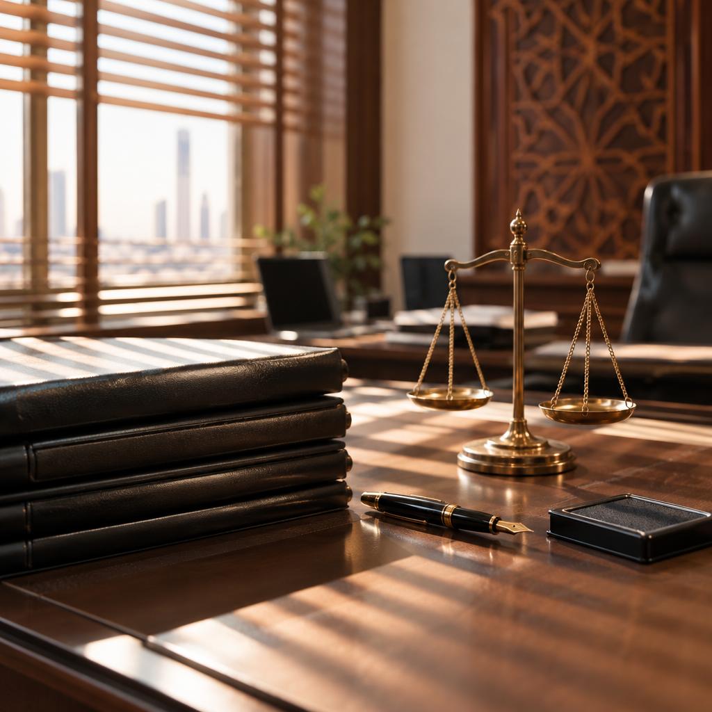 مكتب محاماة كويتي أنيق عليه مجلدات مغلقة وميزان عدالة نحاسي وقلم حبر تحت ضوء صباحي يتسلل من ستائر خشبية