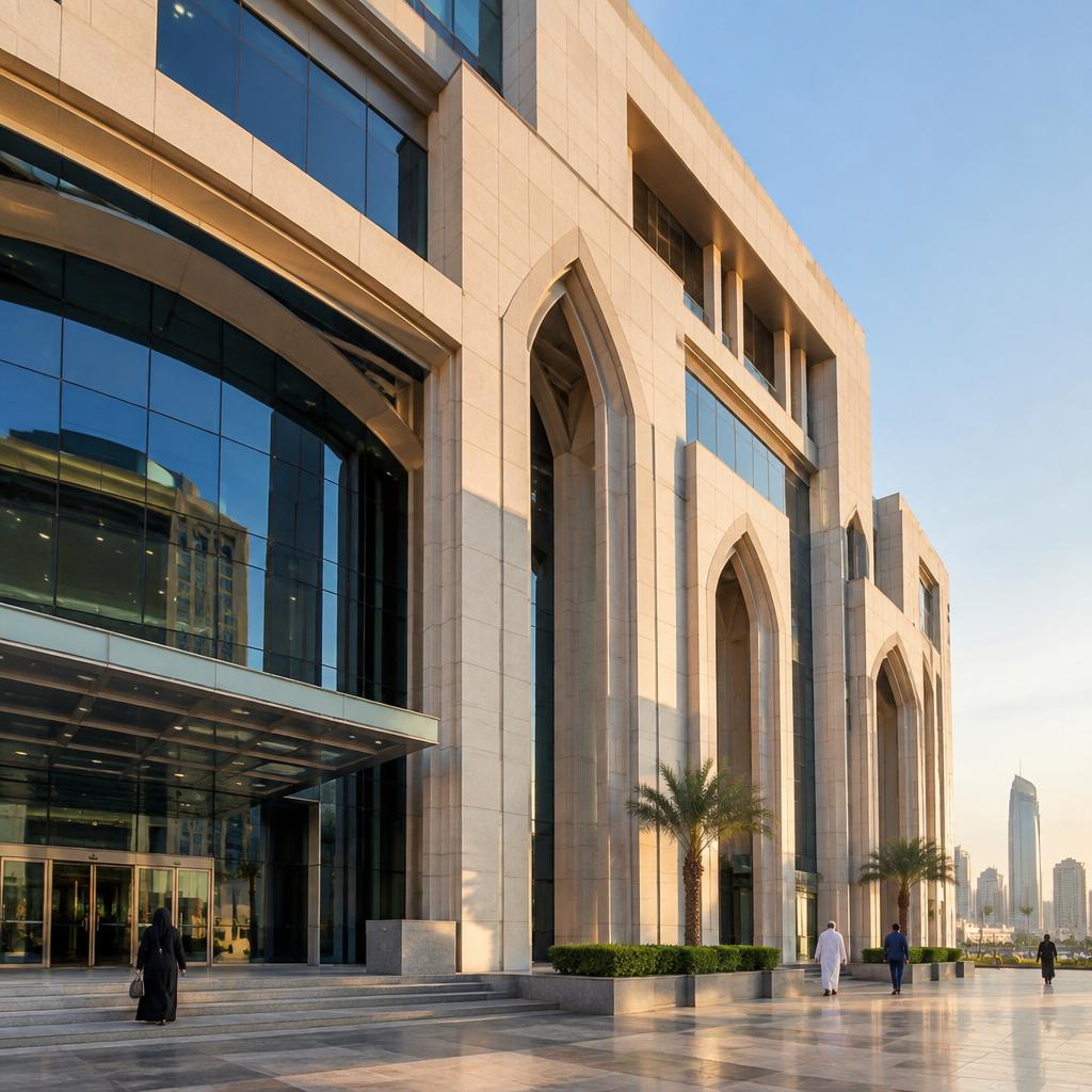واجهة مبنى حكومي عام حديث بأقواس معمارية وزجاج تحت سماء صافية بلا أي لافتات مقروءة