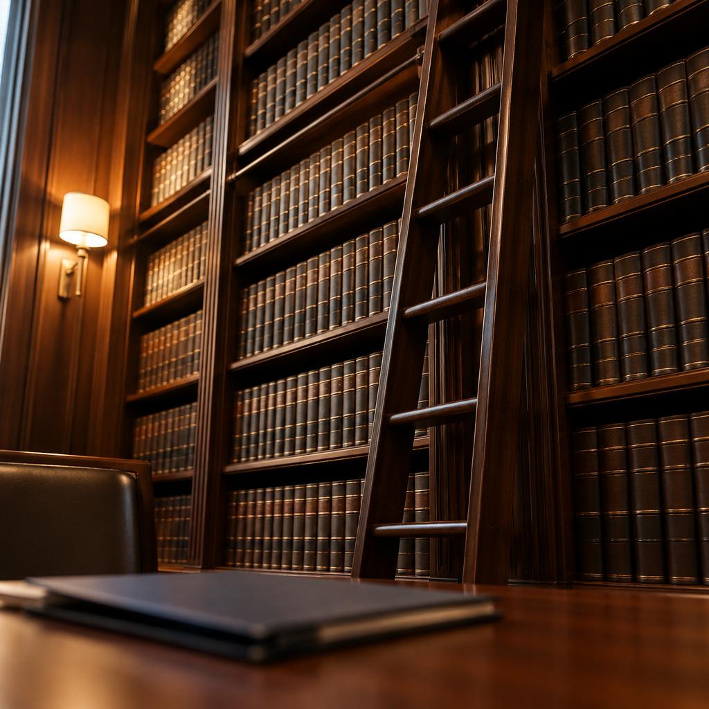 رفوف خشبية عالية تحمل مجلدات قانونية مجلدة بالجلد بلا أي كتابة مقروءة في إضاءة دافئة هادئة