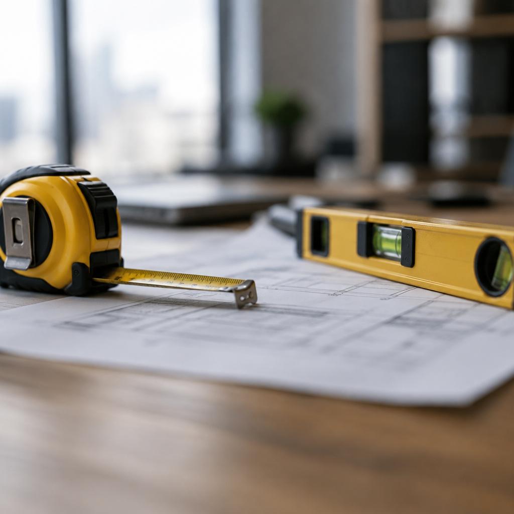 لقطة قريبة على مستوى الطاولة لشريط قياس وميزان بناء فوق مخططات ضبابية غير مقروءة