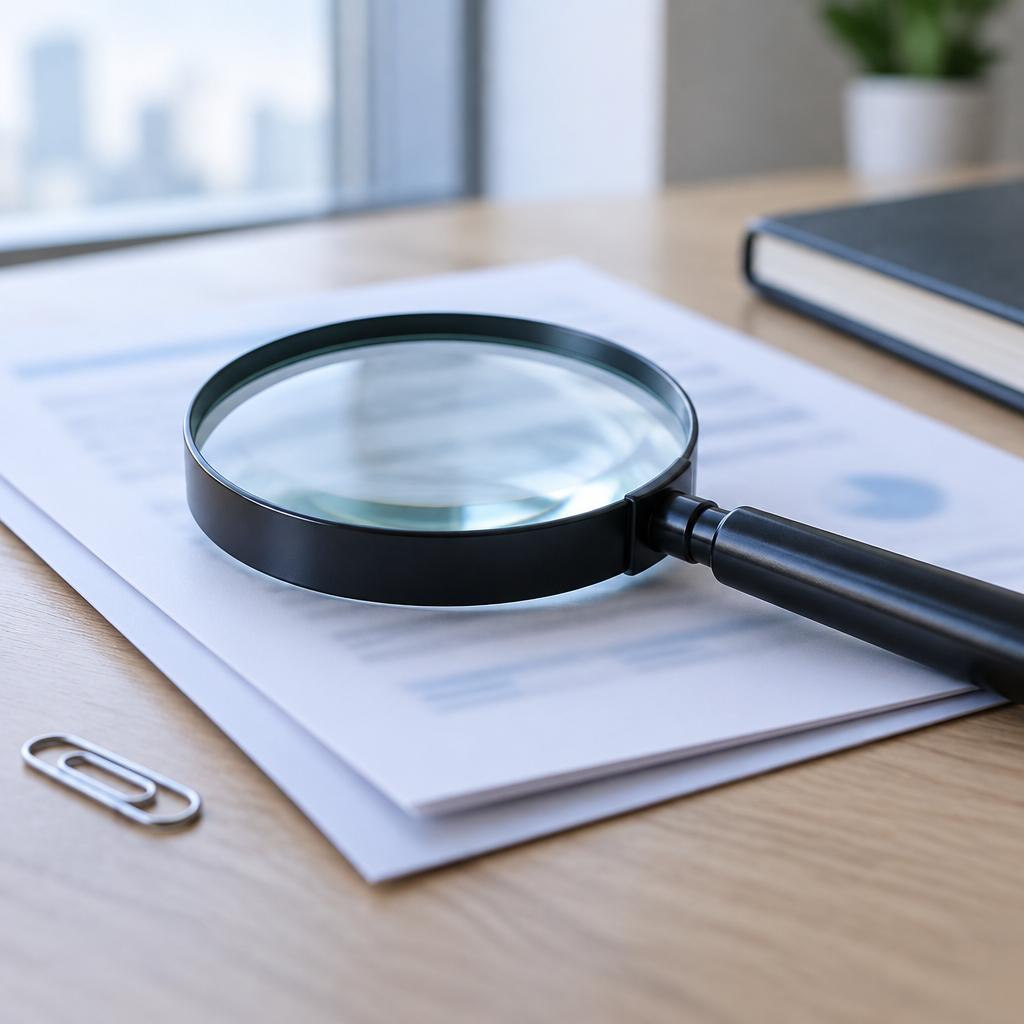 لقطة جانبية قريبة لعدسة مكبرة موضوعة فوق صفحتين ضبابيتين غير مقروءتين مع مشبك أوراق على مكتب فاتح